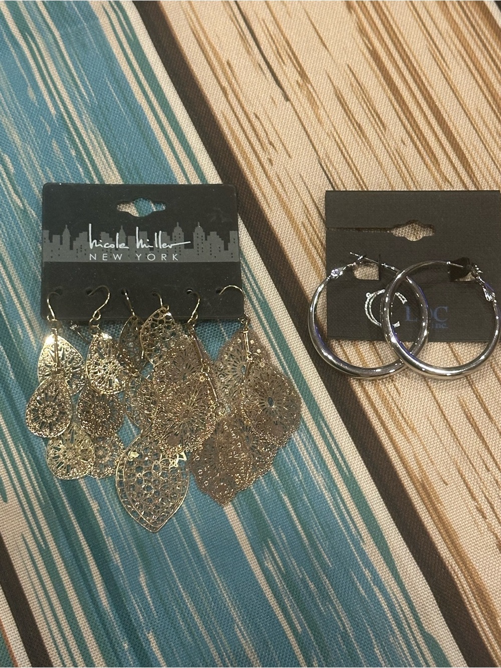 3pk-Nicole Miller Gold Filigree Teardrop Dangle Earrings & Silver medium hoops